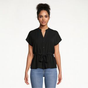 Fashion Nova solid Black Button-Up Blouse with tie front v neck short sleeve M